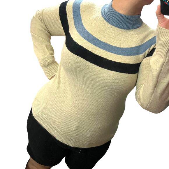 Les Serein SMALL Striped Chest Ribbed Detail High Neck Raglan Sleeve Sweater - Picture 2 of 11